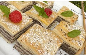 Mohnwürfel mit Rum: ein schneller Blätterteig für Ihren Tisch