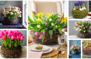 Gestalten Sie schöne Frühlingsdekorationen mit Weidengeflechtnestern und Ihren Lieblingsblumen