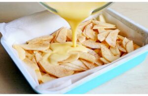 Leckerer Apfelkuchen: der Teig ist in 5 Minuten fertig, einfach in die Form füllen und mit Äpfeln bestreuen