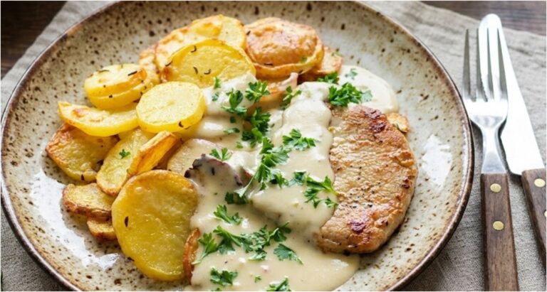 Schnelle Schweinekoteletts mit Parmesan-Sahnesoße und Ofenkartoffeln