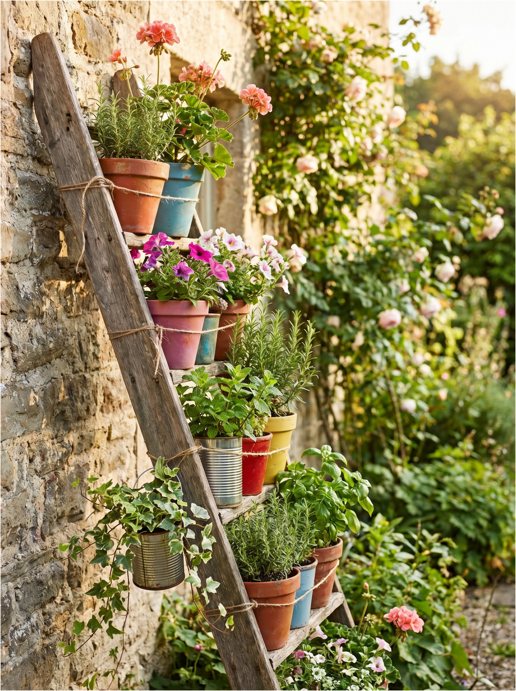 Alte Holzleiter als Blumenständer.