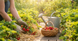 Damit Erdbeeren nicht faulen und honigsüß werden: 4 Regeln für richtiges Mulchen und Gießen im Mai und Juni Erdbeeren im Beet mit Mulch für gesunde und süße Früchte