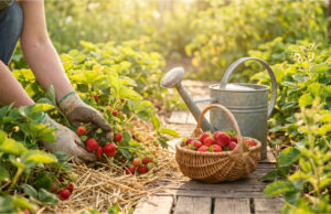 Damit Erdbeeren nicht faulen und honigsüß werden: 4 Regeln für richtiges Mulchen und Gießen im Mai und Juni Erdbeeren im Beet mit Mulch für gesunde und süße Früchte