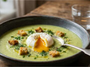 Feine cremige Zucchini-Kartoffel-Suppe mit pochiertem Ei Feine cremige Zucchini-Kartoffel-Suppe mit pochiertem Ei