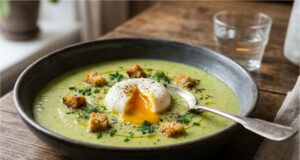 Feine cremige Zucchini-Kartoffel-Suppe mit pochiertem Ei Feine cremige Zucchini-Kartoffel-Suppe mit pochiertem Ei