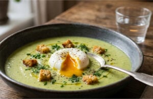 Feine cremige Zucchini-Kartoffel-Suppe mit pochiertem Ei Feine cremige Zucchini-Kartoffel-Suppe mit pochiertem Ei