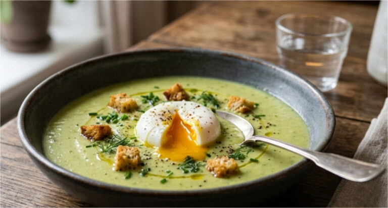 Feine cremige Zucchini-Kartoffel-Suppe mit pochiertem Ei