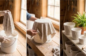 Werfen Sie teure Design-Blumentöpfe weg: So machen Sie aus einfachem Gips und einem alten Handtuch luxuriöse Pflanzenüberzüge Formgebung des Überzugs für den Blumentopf