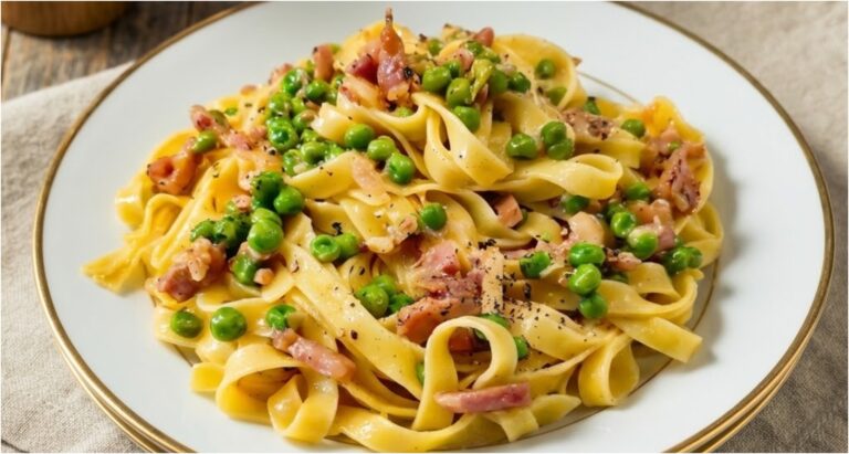 Blitzschnelle Pasta mit Sauerrahm, knusprigem Speck und Käse