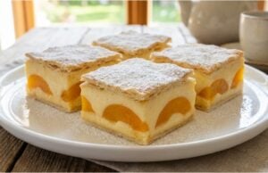 Pudding-Delikatesse mit Blätterteig, Biskuits und Aprikosen Puddingkuchen mit Blätterteig, Aprikosen und Biskuits – knusprige Oberseite, cremiges Herz