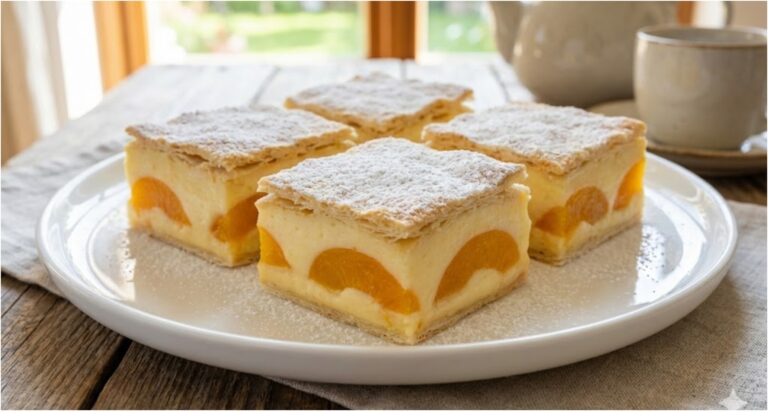 Pudding-Delikatesse mit Blätterteig, Biskuits und Aprikosen
