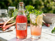 Erfrischender hausgemachter Rhabarbersirup mit Rohrzucker: Ideal für Sommerlimonaden Hausgemachter Rhabarbersirup in einer Flasche auf dem Tisch