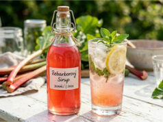Erfrischender hausgemachter Rhabarbersirup mit Rohrzucker: Ideal für Sommerlimonaden Hausgemachter Rhabarbersirup in einer Flasche auf dem Tisch