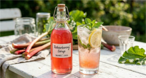 Erfrischender hausgemachter Rhabarbersirup mit Rohrzucker: Ideal für Sommerlimonaden Hausgemachter Rhabarbersirup in einer Flasche auf dem Tisch