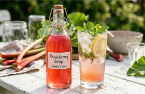 Erfrischender hausgemachter Rhabarbersirup mit Rohrzucker: Ideal für Sommerlimonaden Hausgemachter Rhabarbersirup in einer Flasche auf dem Tisch