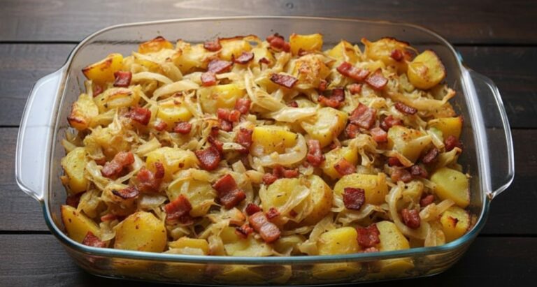 Günstiges Ofengericht: Überbackenes Sauerkraut mit Kartoffeln und Wurst wie bei Oma
