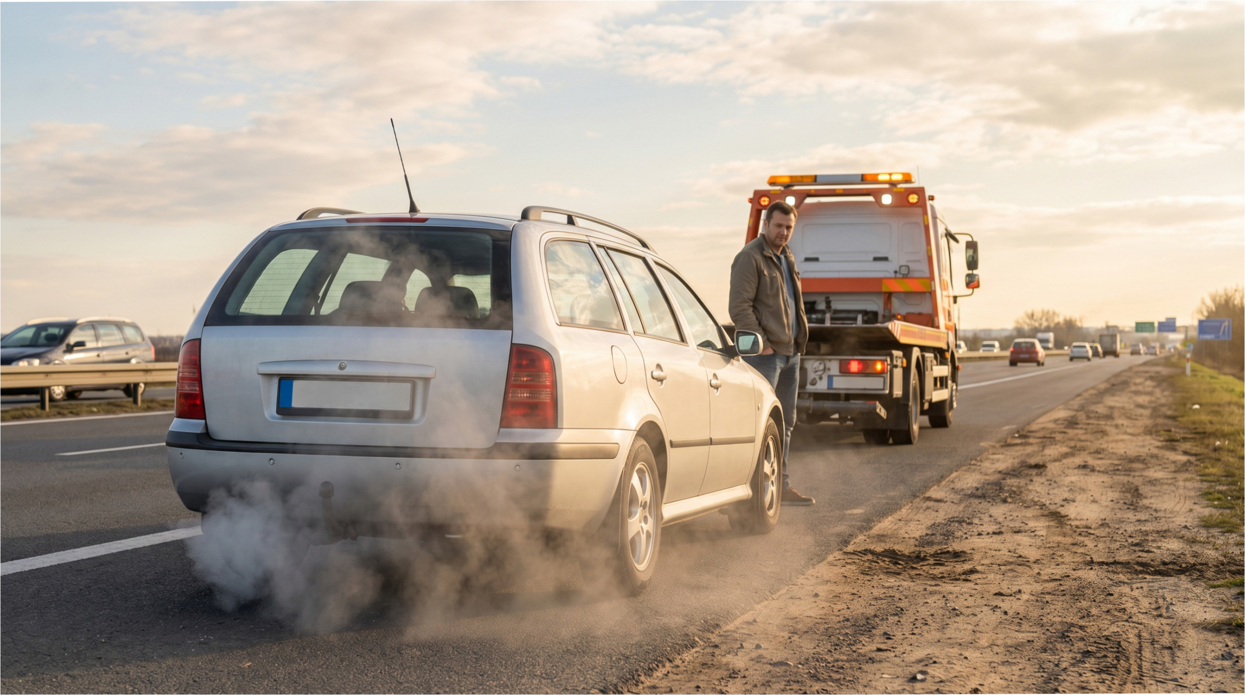 Auto mit Panne auf der Autobahn.