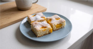 Becherkuchen mit Pfirsichen: Lockerer Blechkuchen mit Sahne in wenigen Minuten Becherkuchen mit Pfirsichen auf dem Blech