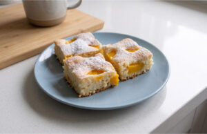 Becherkuchen mit Pfirsichen: Lockerer Blechkuchen mit Sahne in wenigen Minuten Becherkuchen mit Pfirsichen auf dem Blech
