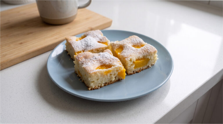 Becherkuchen mit Pfirsichen: Lockerer Blechkuchen mit Sahne in wenigen Minuten