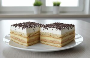 Buntes Vergnügen ohne Backofen: Ungebackene Bingo-Schnitten mit Bananen-, Karamell- und Vanillepudding Bingo-Schnitten aus Keksen: Dreifarbiges Puddingdessert ohne Backen