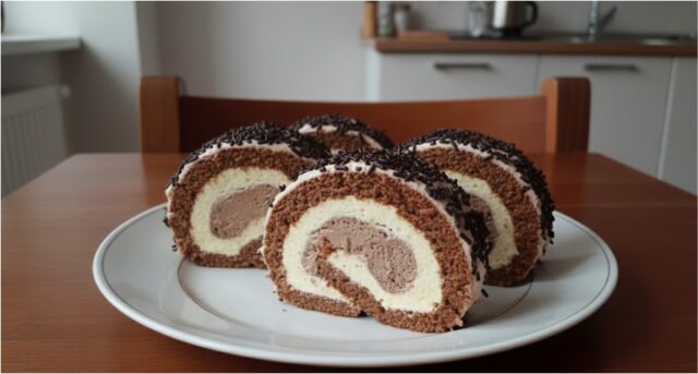 biskuitrolle-7 Zweifarbige Biskuitrolle mit gekochter Creme und Schokolade