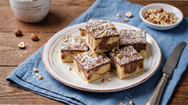 blechkuchen-schokoladenglasur-nuesse-kokos Blechkuchen mit Schokoladenglasur, Nüssen und Kokos