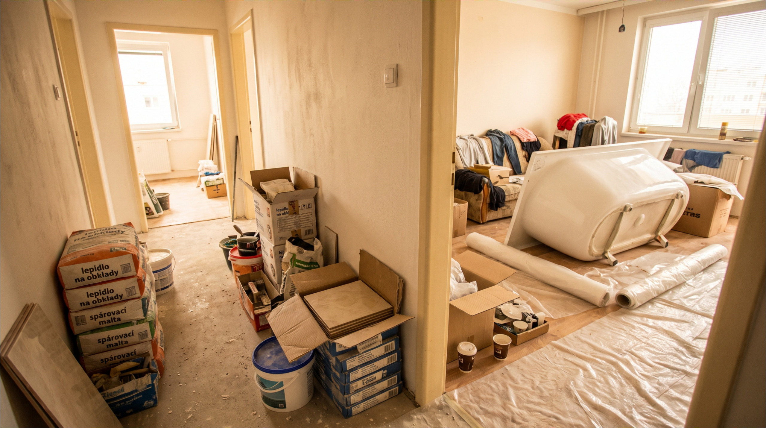 Chaos in der Wohnung während der Renovierung.
