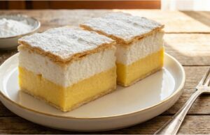 Französische Cremeschnitte mit knusprigem Blätterteig, luftiger Eigelbcreme mit Eischnee, Rum und Sahne Französische Cremeschnitte aus Blätterteig mit hoher Cremeschicht