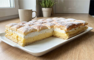 Cremeschnitten aus Blätterteig: Festliches Dessert mit Puddingcreme und Schlagsahne Cremeschnitten aus Blätterteig mit Puddingcreme und Schlagsahne
