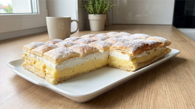 cremeschnitten-blaetterteig-puddingcreme Cremeschnitten aus Blätterteig mit Puddingcreme und Schlagsahne