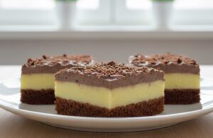 Schnitten mit Eierlikör, echter Pariser Sahne und Kakaobiskuit Luxuriöse Schnitten mit Eierlikör und Pariser Schlagsahne wie aus der Konditorei