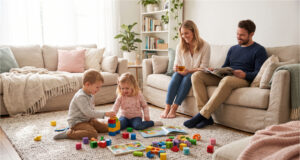 Der Nachbar unter uns hämmert jedes Mal gegen die Heizung, wenn die Kinder tagsüber durch den Flur laufen Familie im Wohnzimmer, Kinder spielen auf dem Boden.