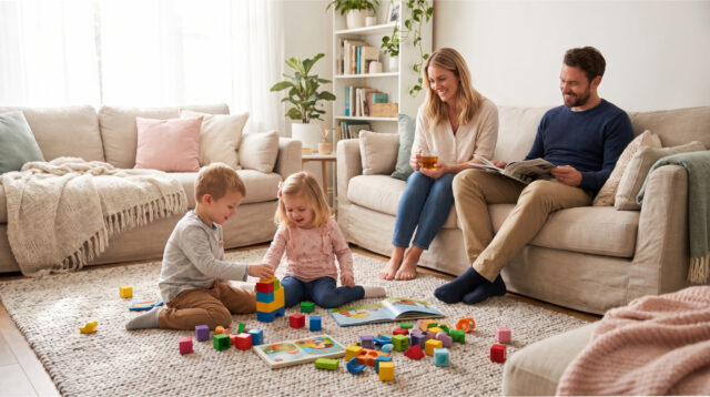 familie-im-wohnzimmer-kinder-spielen-boden Familie im Wohnzimmer, Kinder spielen auf dem Boden.