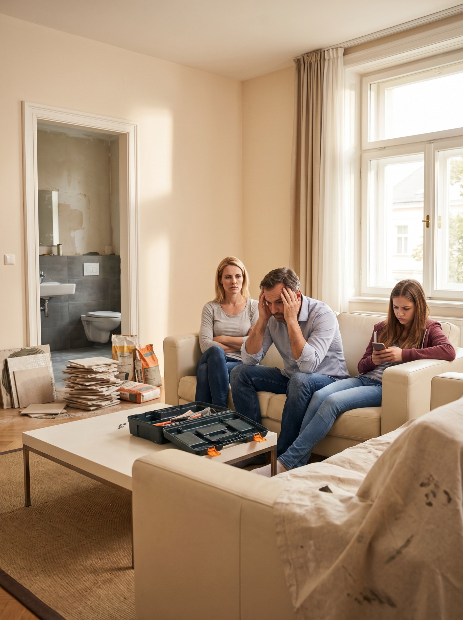 Familie erlebt Stress durch unvollendete Renovierung.