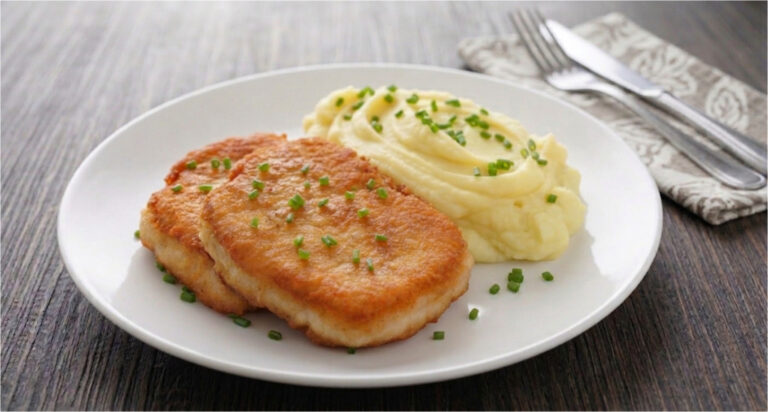 Französische Schnitzel im Backteig: Rezept mit Zwiebelaroma und cremigem Kartoffelpüree