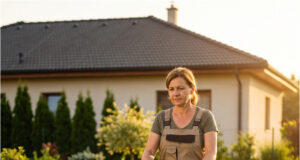 Wir haben uns abgewechselt beim Rasenmähen vor dem Zaun – den ganzen Sommer habe nur ich geschuftet, und im Herbst sagte sie, dass ihr das Gras nicht stört Frau mäht mit Entschlossenheit den Rasen.