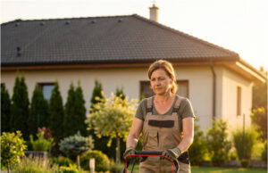 Wir haben uns abgewechselt beim Rasenmähen vor dem Zaun – den ganzen Sommer habe nur ich geschuftet, und im Herbst sagte sie, dass ihr das Gras nicht stört Frau mäht mit Entschlossenheit den Rasen.