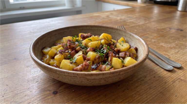 Gebackene Kartoffeln mit Speck: Einfaches Mittagessen aus einer Auflaufform
