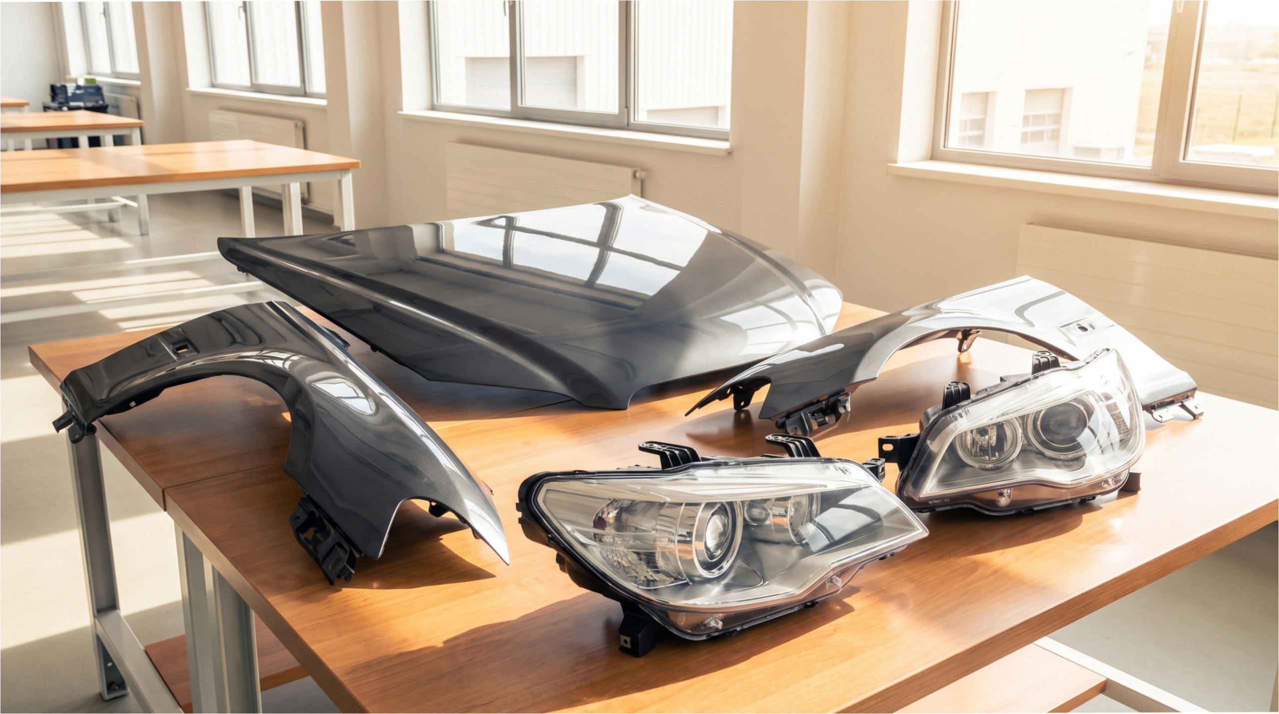 Gepflegte Frontpartie eines Autos in grauem Metallic.
