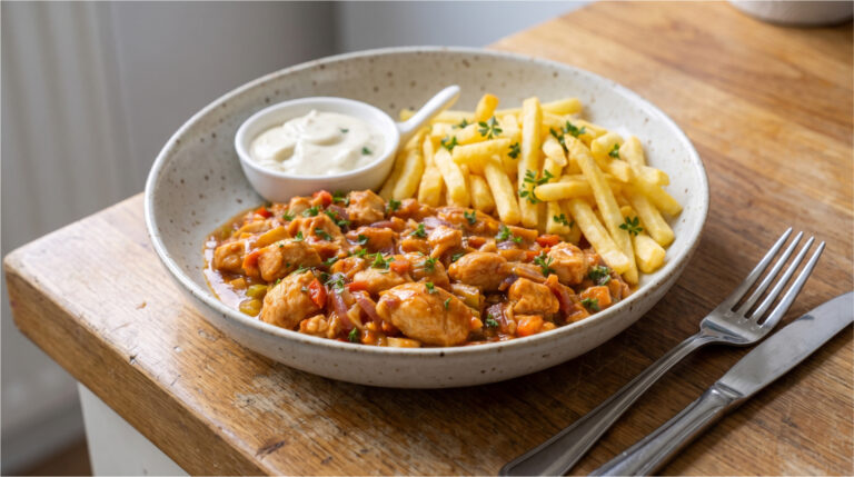 Schnelle Hähnchenpfanne mit Pommes: Saftiges Fleisch, knackiges Gemüse und glänzende Sauce
