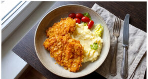 Hähnchenschnitzel in Cornflakes: Knusprige Panade und saftiges Fleisch mit cremigem Püree Hähnchenschnitzel in knuspriger Cornflakes-Panade mit Kartoffelpüree