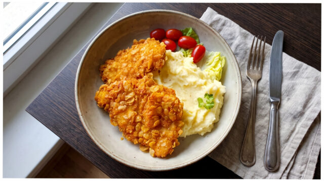 haehnchenschnitzel-cornflakes-pueree Hähnchenschnitzel in knuspriger Cornflakes-Panade mit Kartoffelpüree