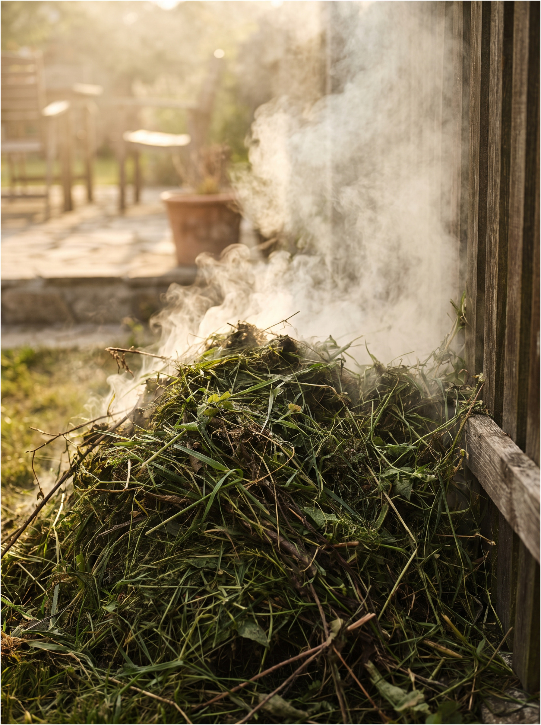 Ein Haufen Gras, der im Nachbargarten verbrannt wird.