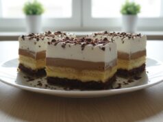 Sündhaft leckere Kinder Bueno Schnitten mit Walnüssen, Nutella, Puddingcreme und BeBe-Keksen Kinder Bueno Schnitten mit fluffigem Walnussboden, zwei Puddingcremes und Schlagsahne.