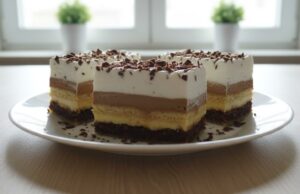 Sündhaft leckere Kinder Bueno Schnitten mit Walnüssen, Nutella, Puddingcreme und BeBe-Keksen Kinder Bueno Schnitten mit fluffigem Walnussboden, zwei Puddingcremes und Schlagsahne.