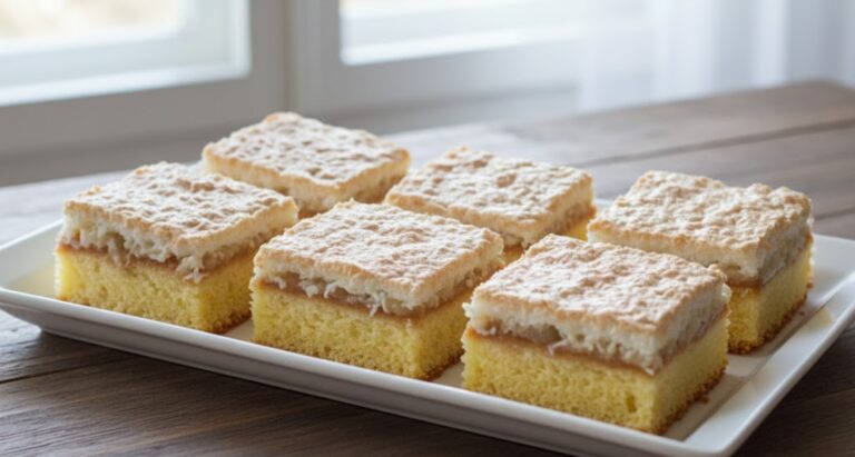 Saftiger Kuchen mit fluffiger Kokoshaube, Eigelbteig und gedünsteten Äpfeln