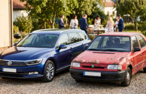 Bei der Familienfeier kritisierte mein Schwager mein neu gekauftes Auto – dabei kam er selbst mit einer rostigen Schrottkiste Kontrast zwischen neuem Auto und altem Schrottwagen.