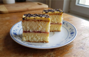 Kuchenblech-Torte mit Buttercreme: Einfache Schnitten mit Himbeermarmelade Kuchenblech-Torte mit Buttercreme und Schokoladendekor
