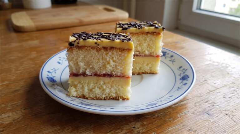 Kuchenblech-Torte mit Buttercreme: Einfache Schnitten mit Himbeermarmelade